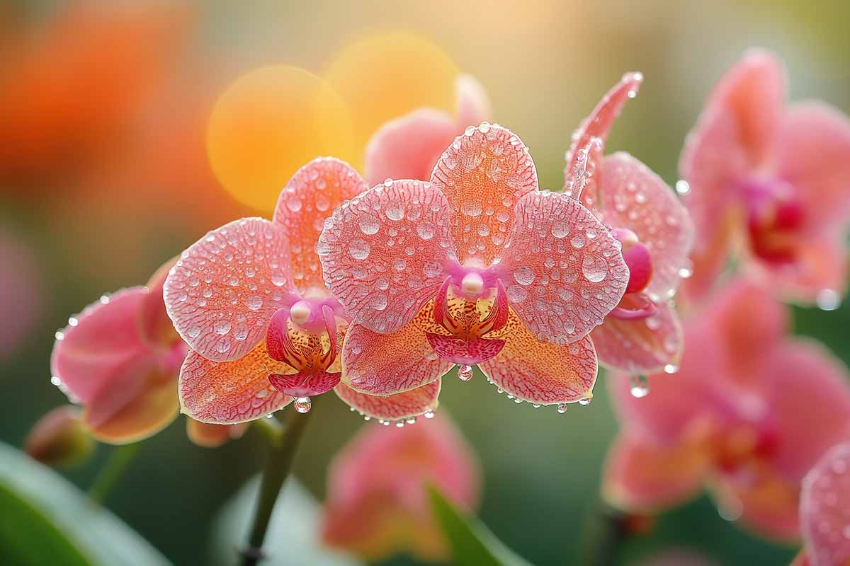 Une image horizontale en gros plan de fleurs d'orchidées papillon avec des gouttelettes d'eau sur les pétales, représentées sur un fond flou.