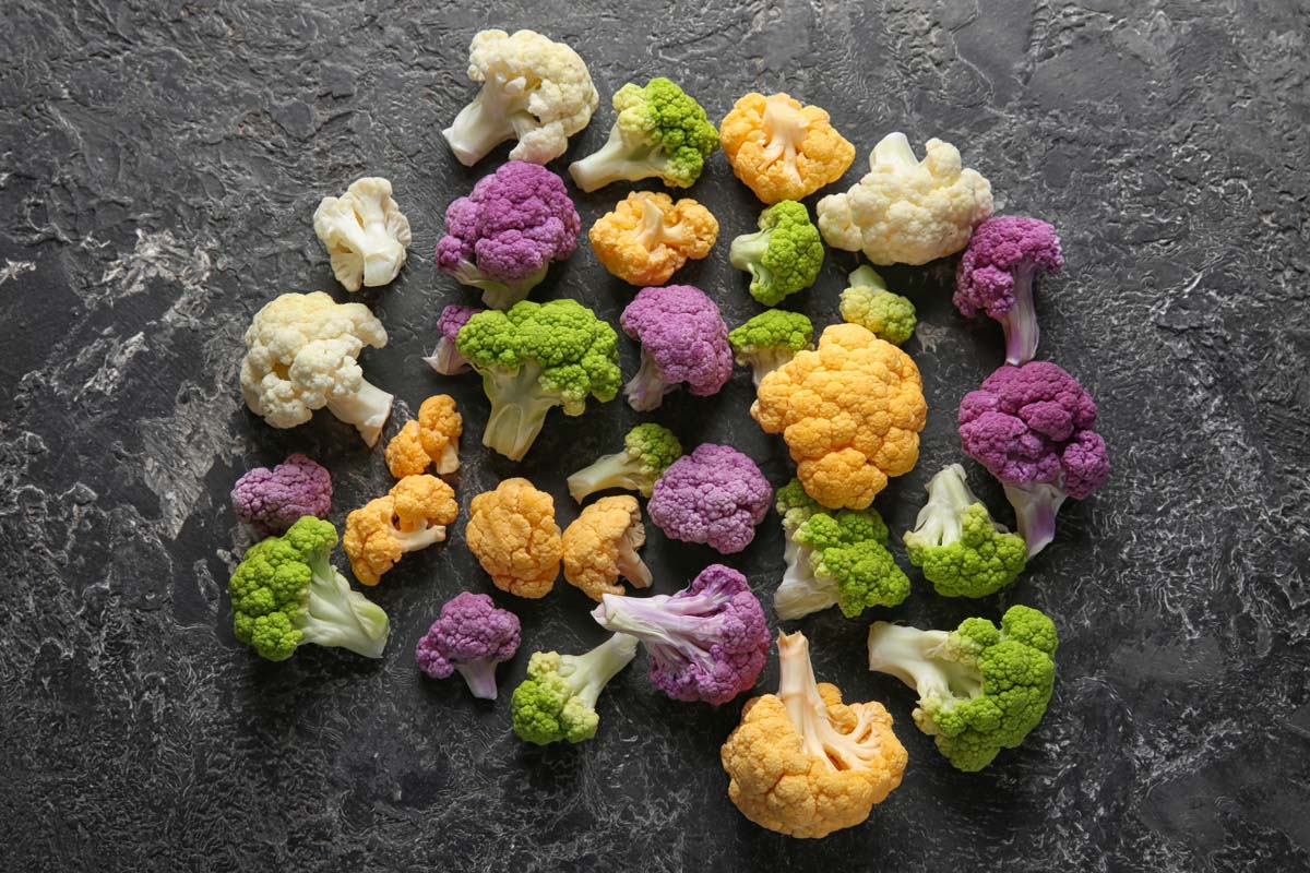 Une collection de fleurons de chou-fleur de différentes couleurs, certains qui sont violets, blancs, verts et jaunes, placés sur un fond d'ardoise noir.