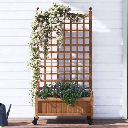 Une image carrée d'un jardinière en bois avec treillis à l'extérieur d'une résidence blanche.