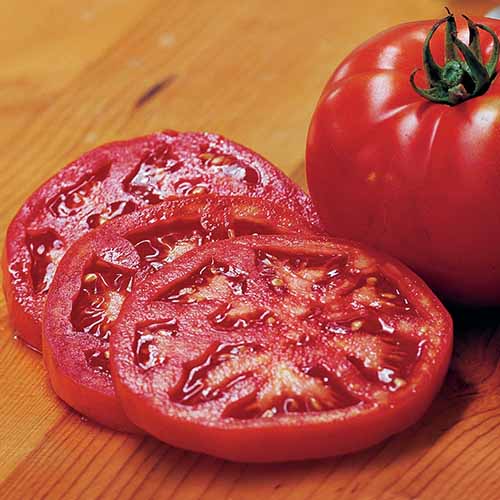 Une image carrée rapprochée d'une tomates entièrement «sandwich à steak en tranches réglées sur une surface en bois.