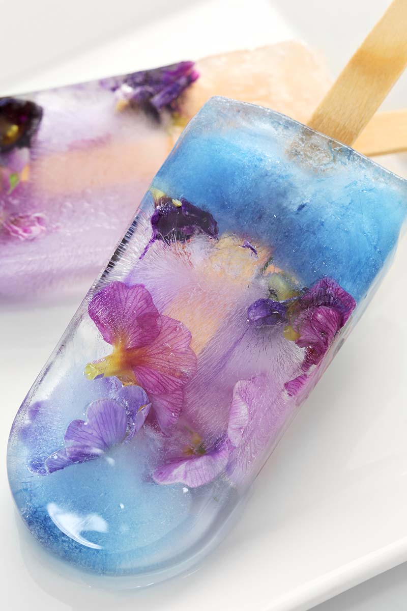 Une image verticale d'un popsicle décoratif avec des fleurs comestibles congelées dans la glace.
