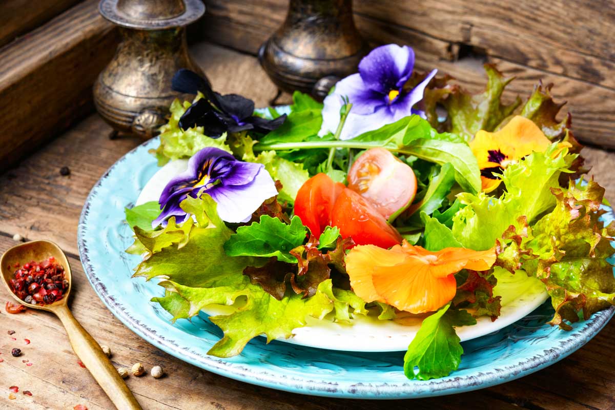 Salade d'été avec des fleurs comestibles.