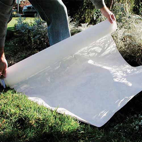 Une image carrée d'un jardinier appliquant un tissu de gel d'un rouleau dans le jardin.