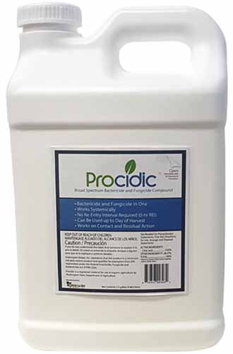 Un gros plan d'une bouteille de biofungicide procidique isolé sur fond blanc.