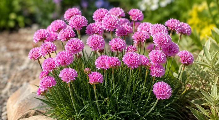 Fleurs roses d'Armeria maritima dans le jardin Fleurs roses d'Armeria maritima dans le jardin