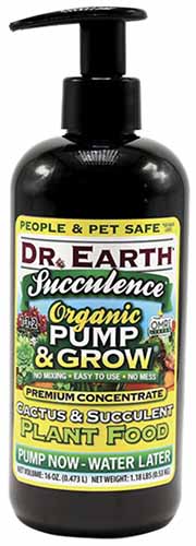 Un gros plan d'une bouteille de Dr Earth Succulence isolée sur un fond blanc.