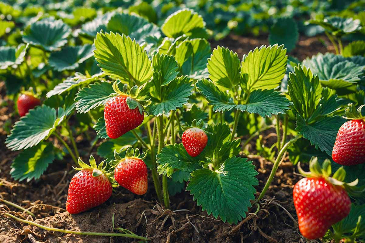 Une image horizontale en gros plan de fraises poussant dans le jardin, représentée sous un soleil léger.