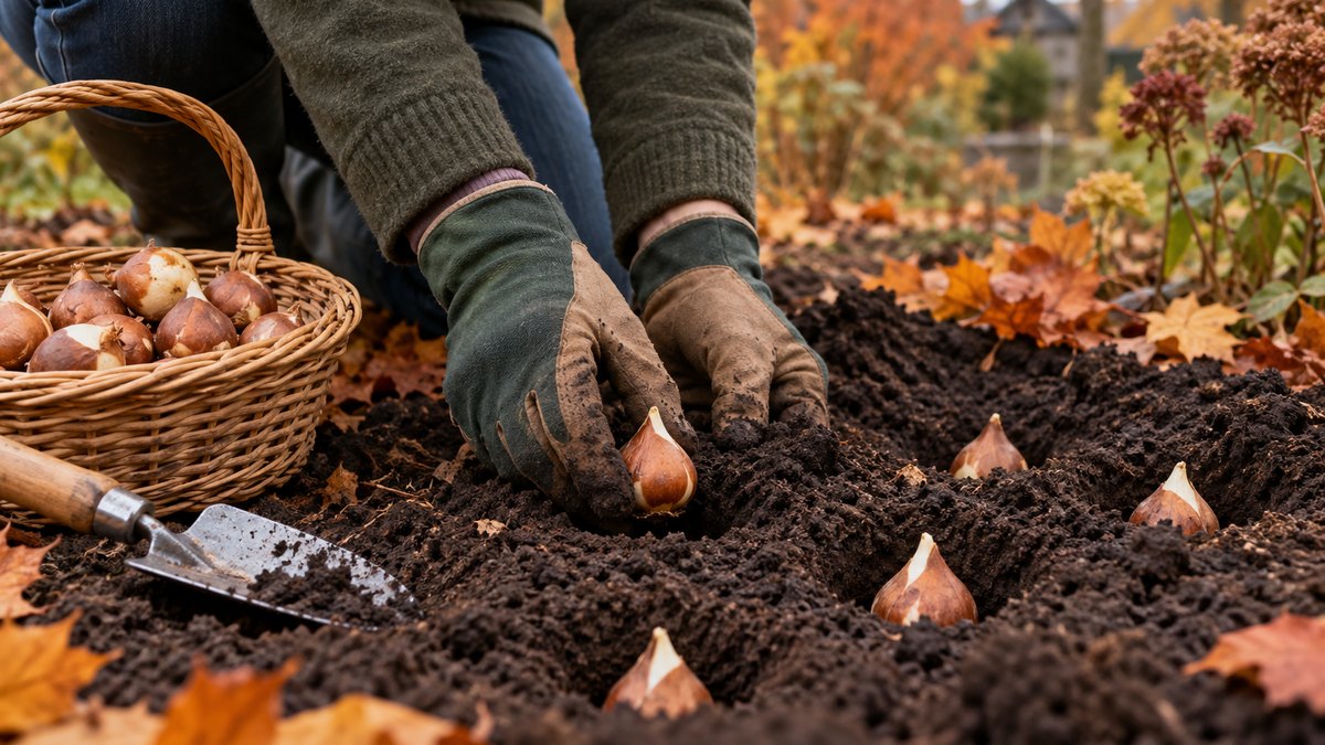 Mains gantées plantant des bulbes de tulipes dans un massif en automne